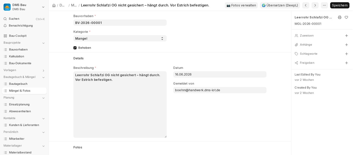 Übersetzen-Button im Formular eines Mängelberichts